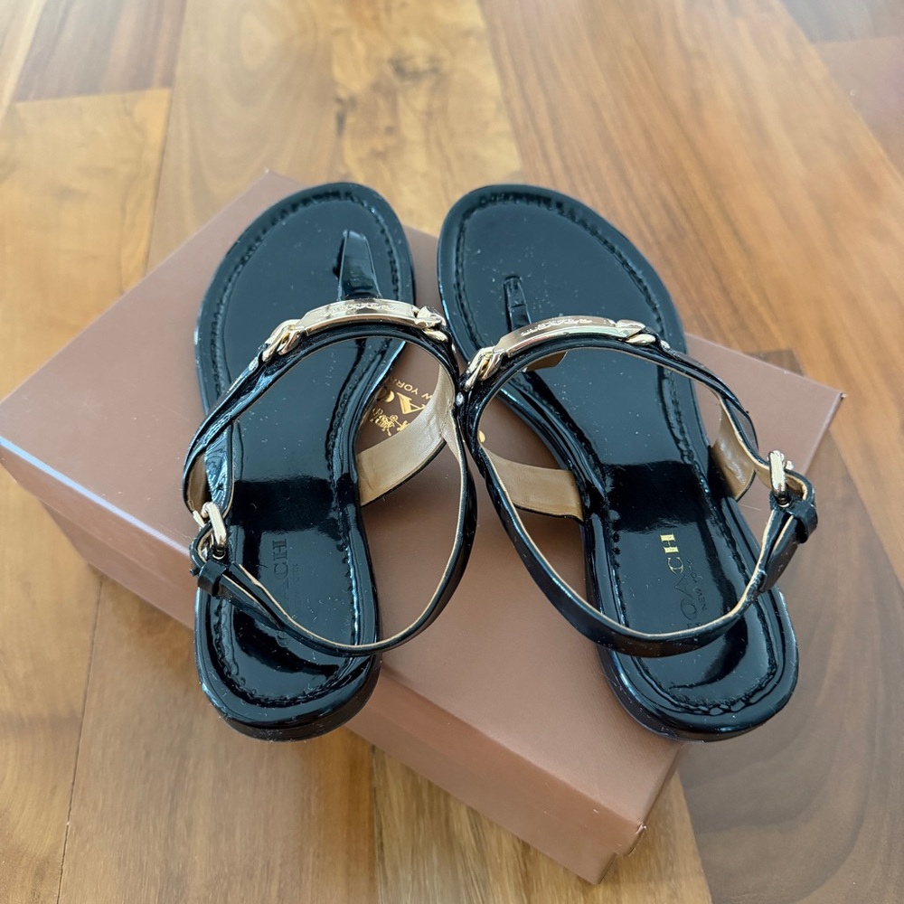 Coach Caterine Black Patent Leather T-Strap Sandals with Gold Accent - Picture 4 of 5